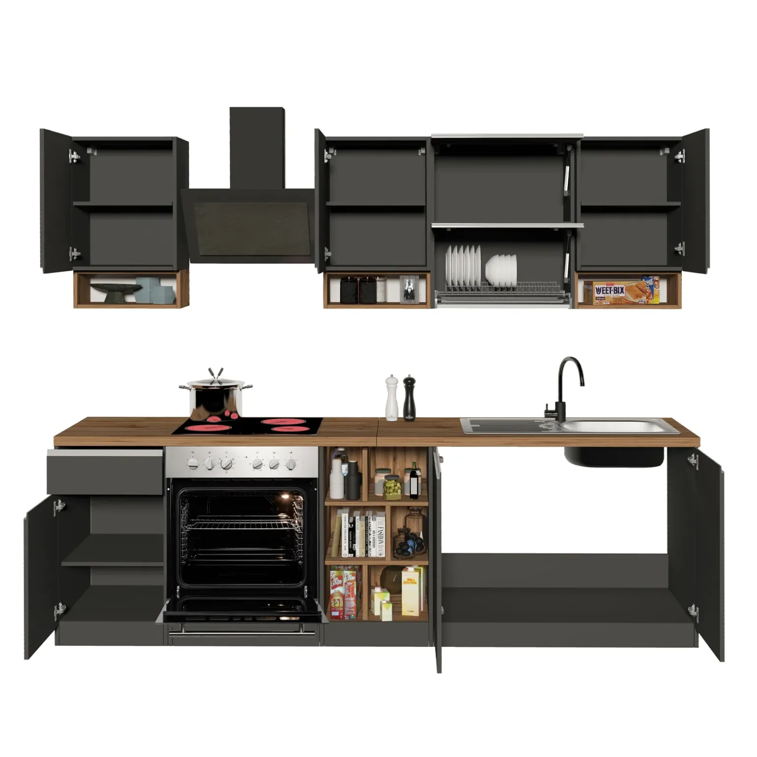 Cucina 255cm componibile lineare moderna antracite rovere Gourmet Pure