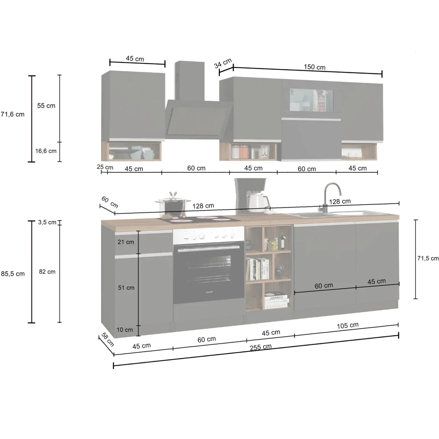 Cucina 255cm componibile lineare moderna antracite grigio pietra Gourmet Pure