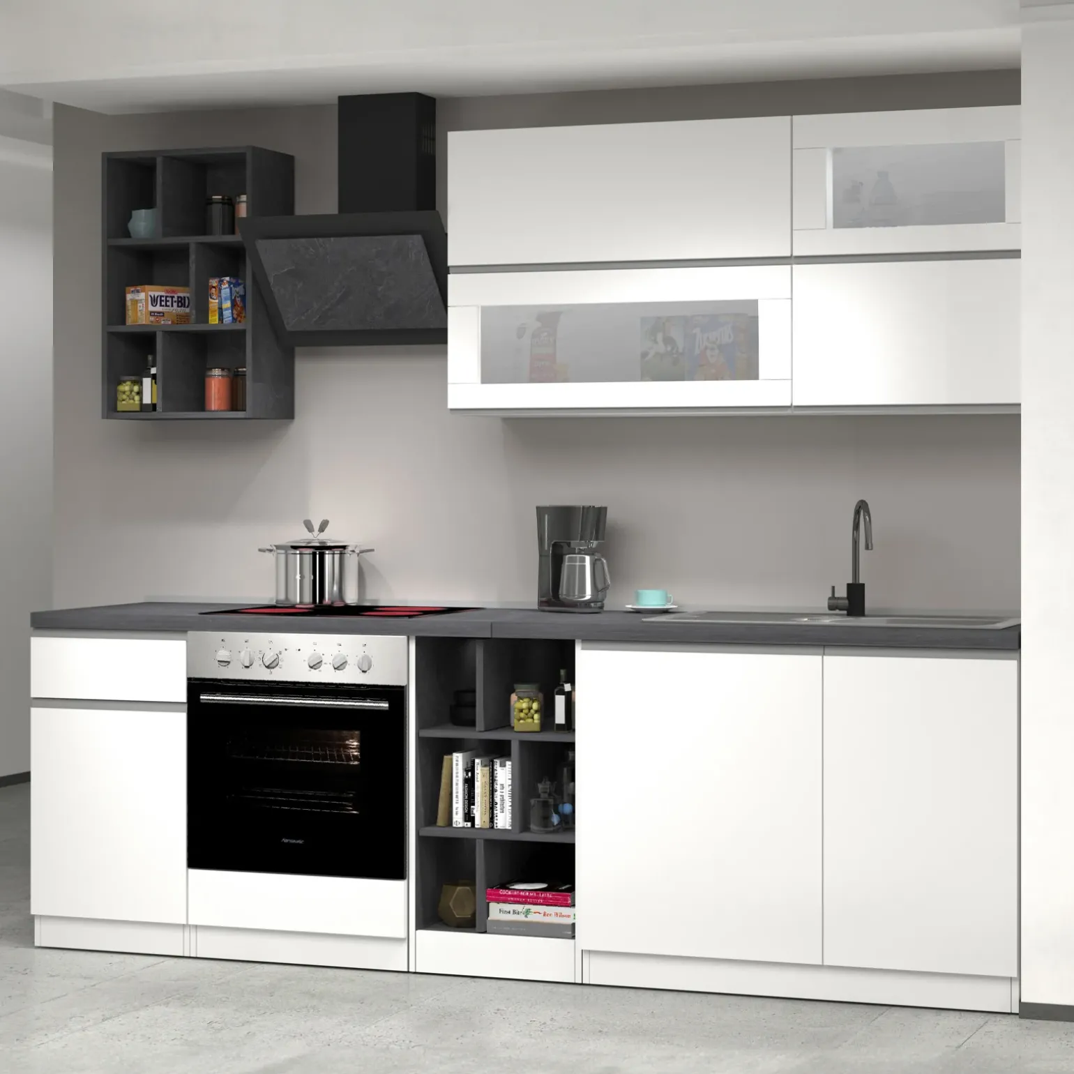 Cucina 255cm componibile lineare moderna bianco grigio pietra Gourmet Prestige
