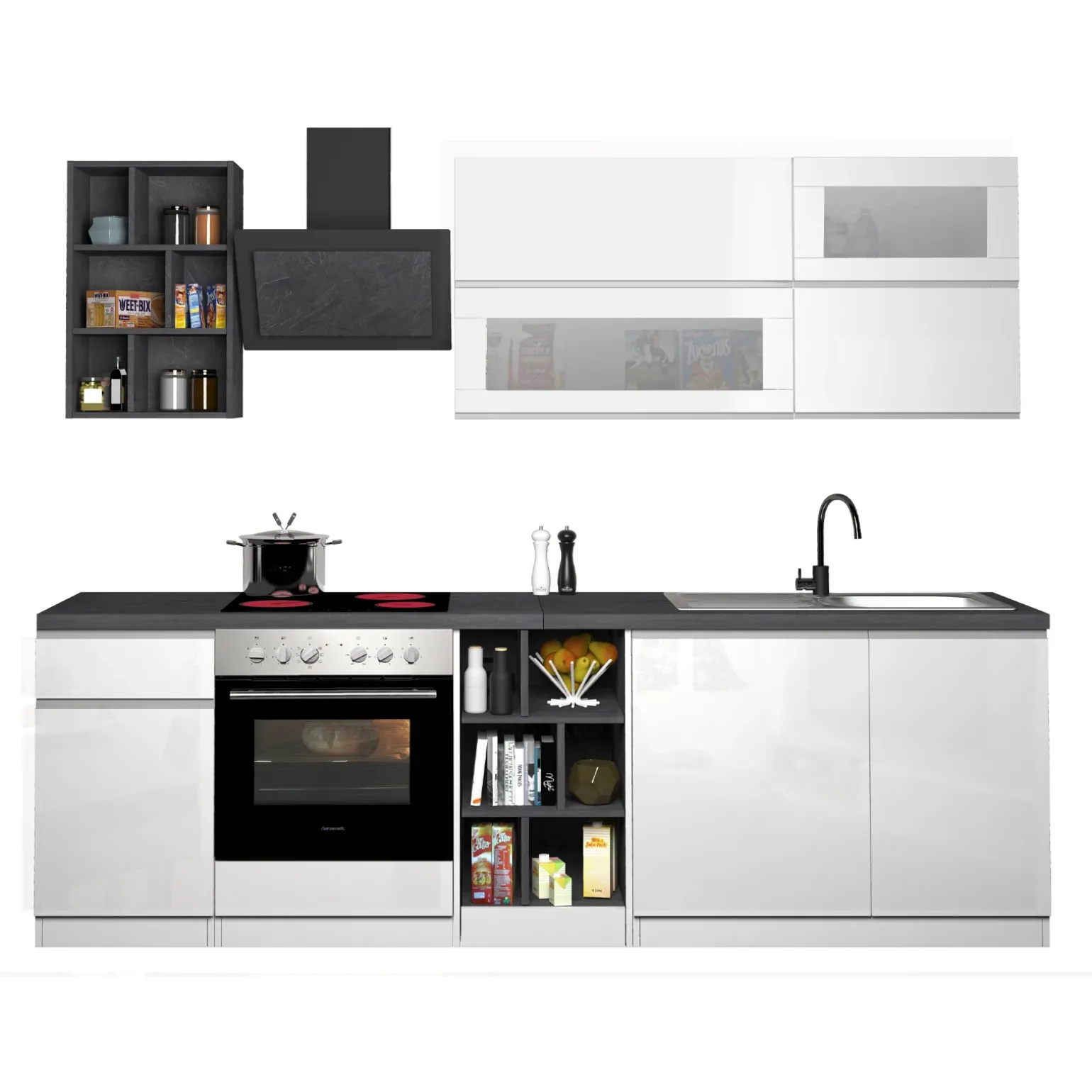 Cucina 255cm componibile lineare moderna bianco grigio pietra Gourmet Prestige