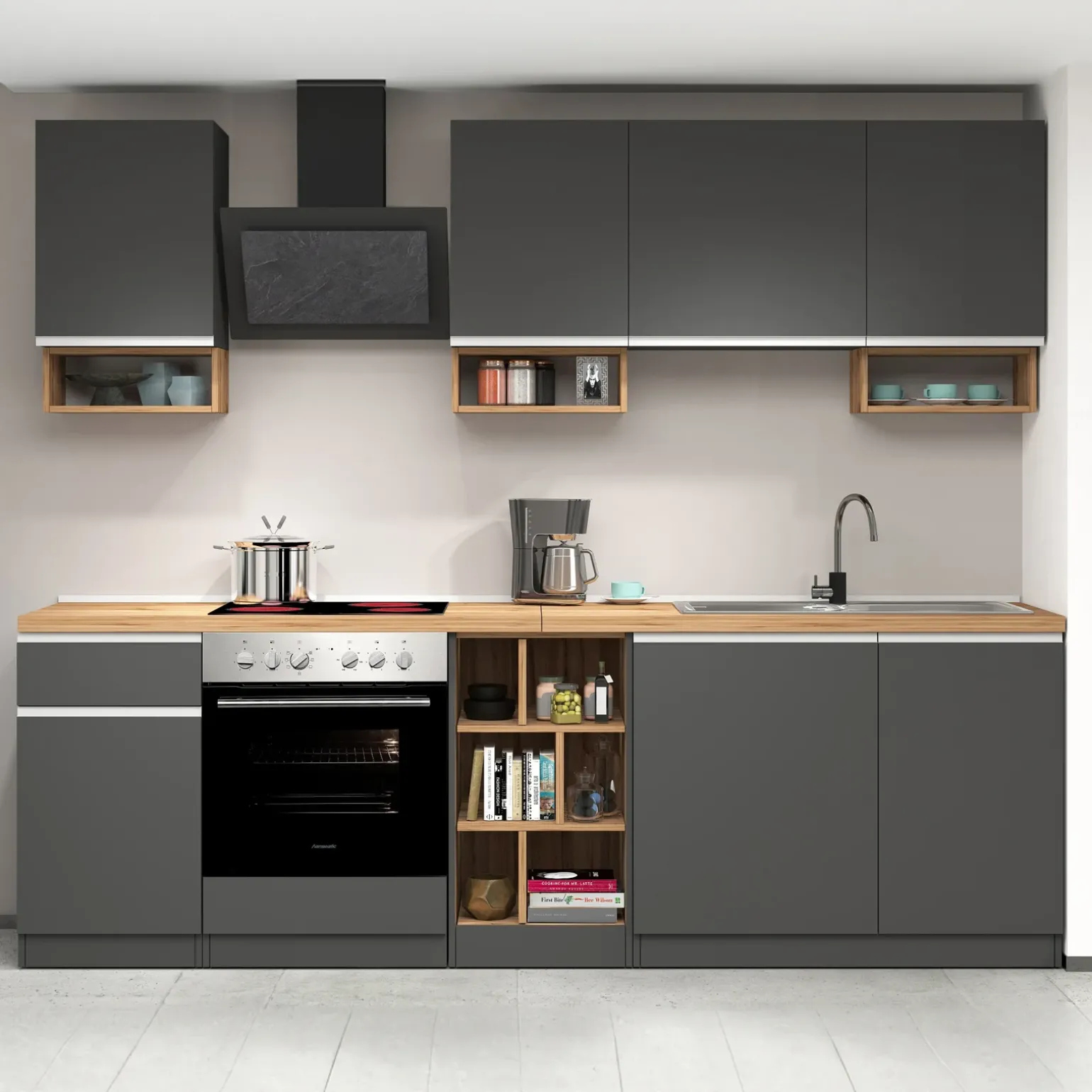 Cucina 255cm componibile lineare moderna antracite rovere Gourmet Elegance