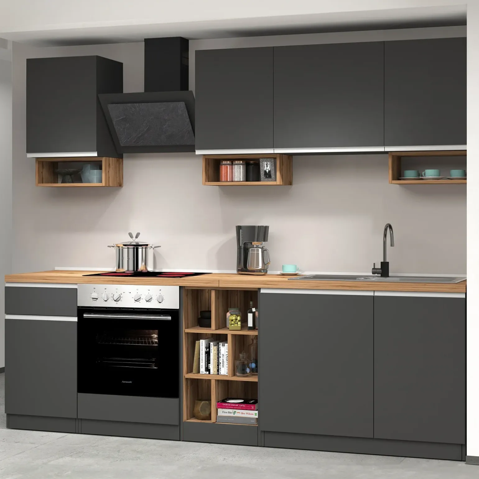Cucina 255cm componibile lineare moderna antracite rovere Gourmet Elegance