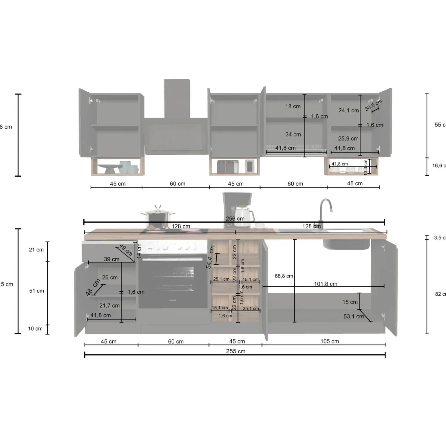 Cucina 255cm componibile lineare moderna antracite rovere Gourmet Elegance