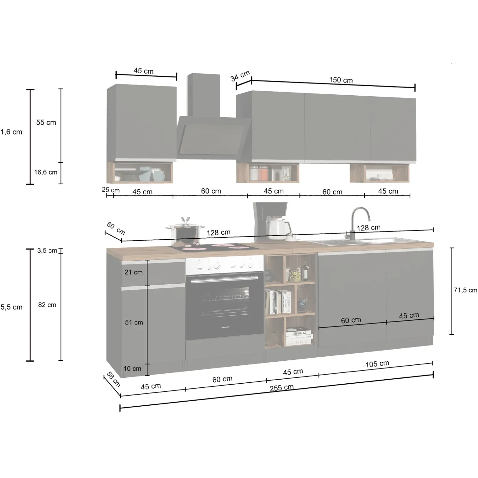 Cucina 255cm componibile lineare moderna antracite rovere Gourmet Elegance