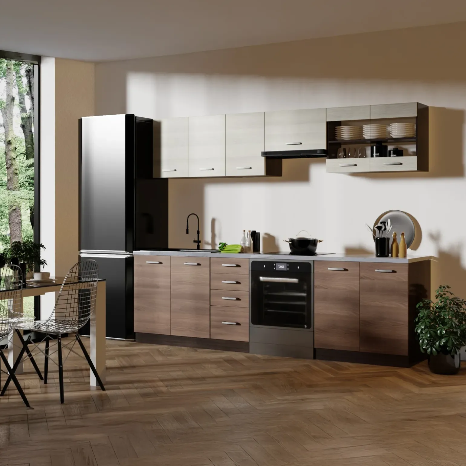 Cucina 260cm moderna lineare rovere scuro acacia Marika