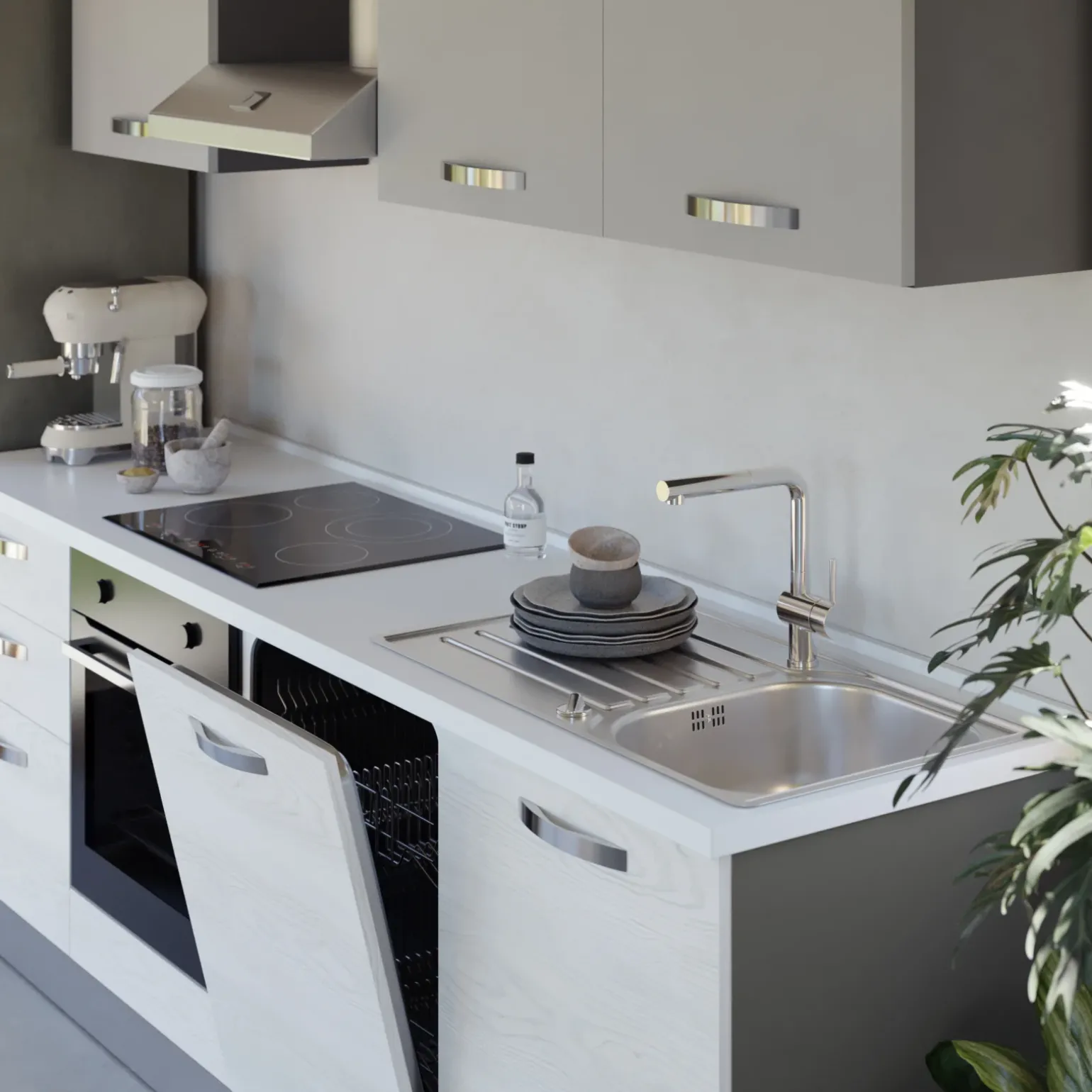 Cucina 240cm reversibile moderna lineare bianco frassinato grigio CookArt