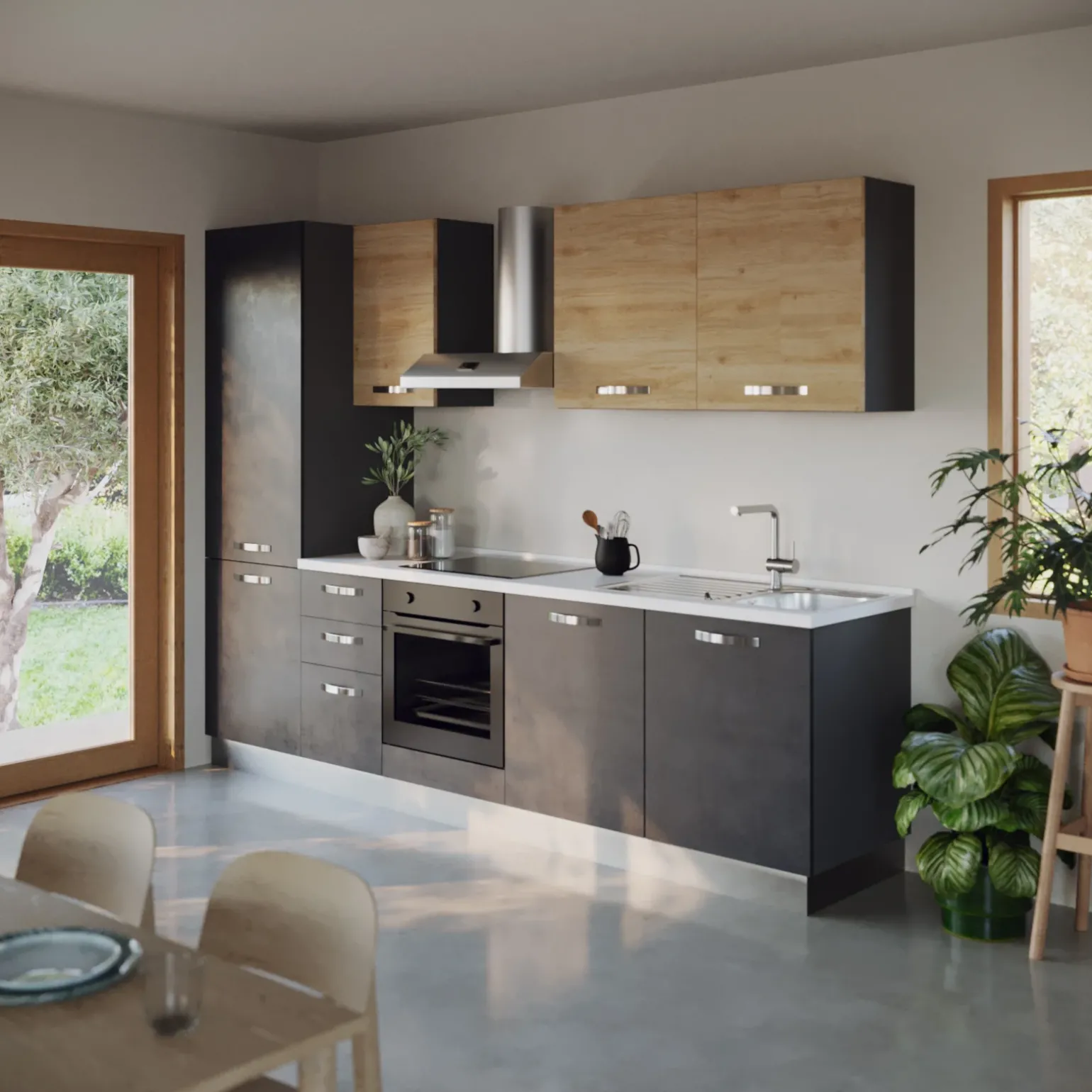 Cucina 285cm reversibile moderna lineare rovere antracite GourmetSpace