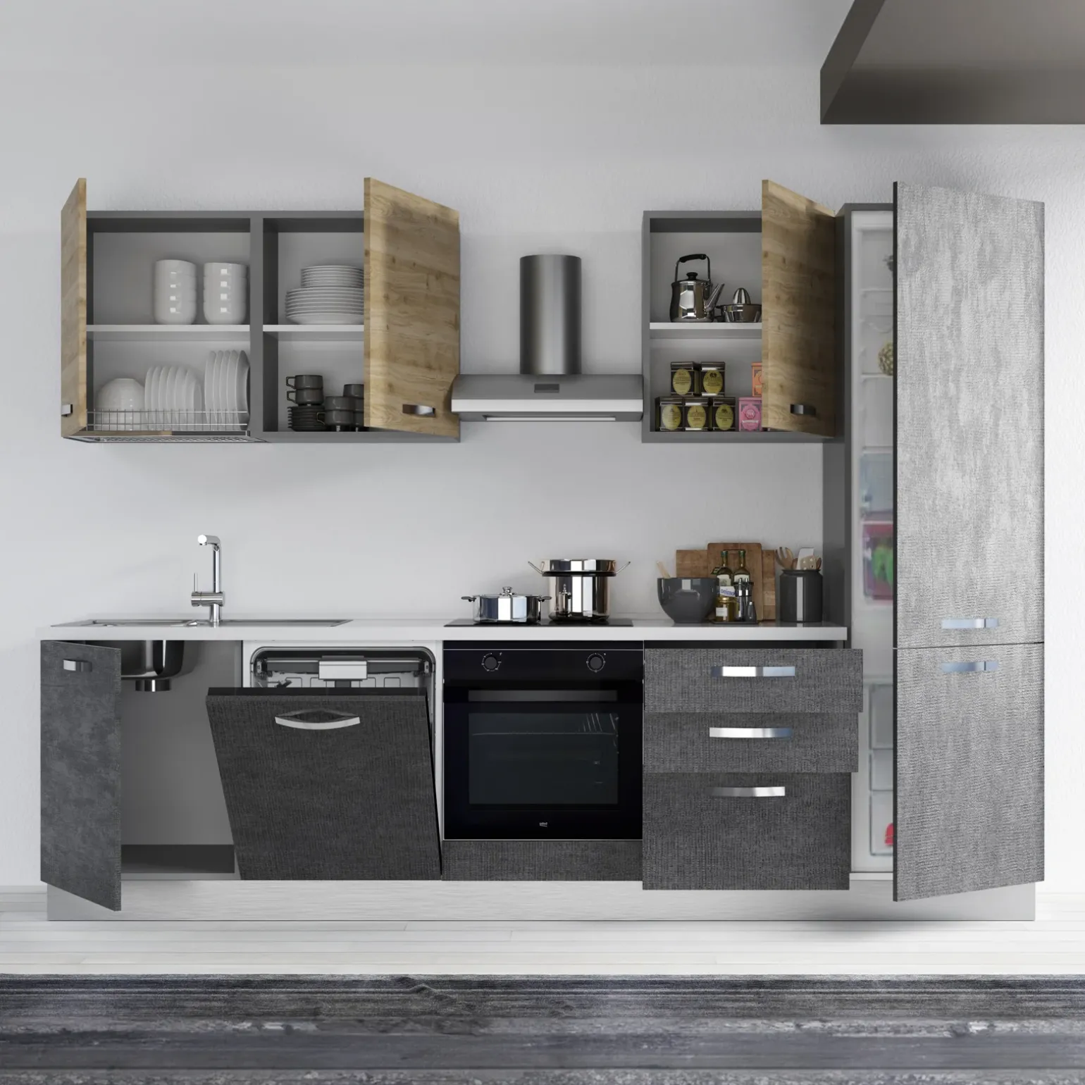 Cucina 285cm reversibile moderna lineare rovere antracite GourmetSpace
