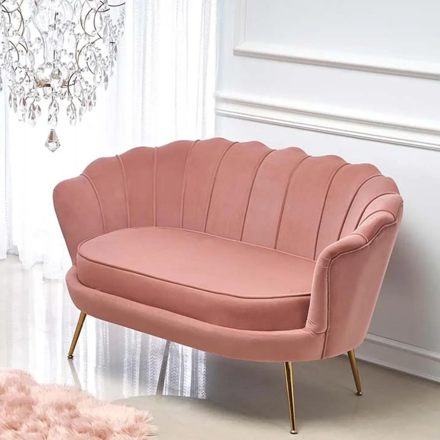 Divanetto 131x77cm 2 posti imbottito in velluto rosa antico gambe in oro Gabriella