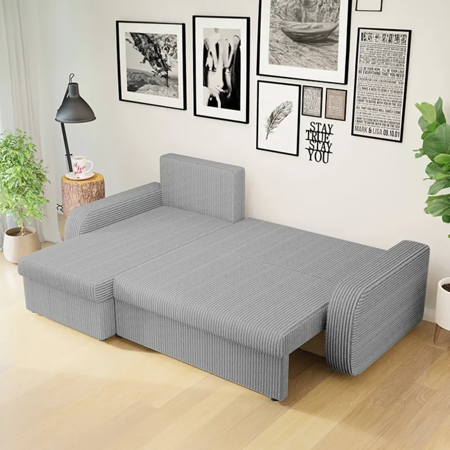 Divano angolare letto 238x147cm 3 posti velluto a coste grigio Flow