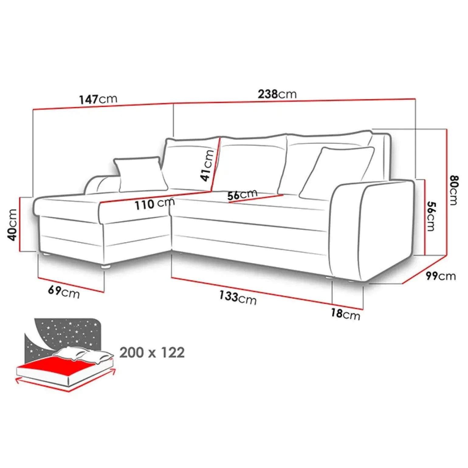 Divano angolare letto 238x147cm 3 posti velluto a coste grigio Flow