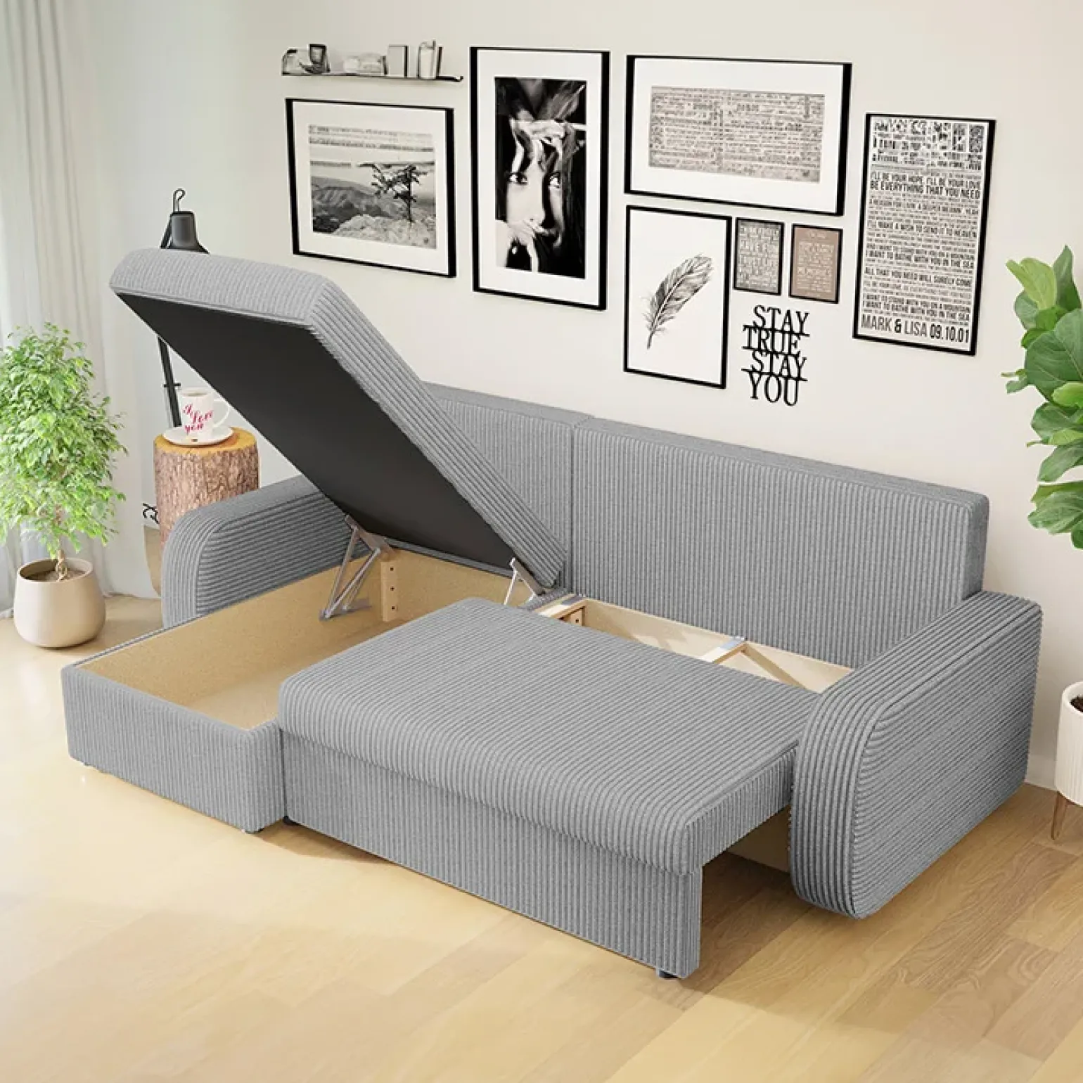 Divano angolare letto 238x147cm 3 posti velluto a coste grigio Flow