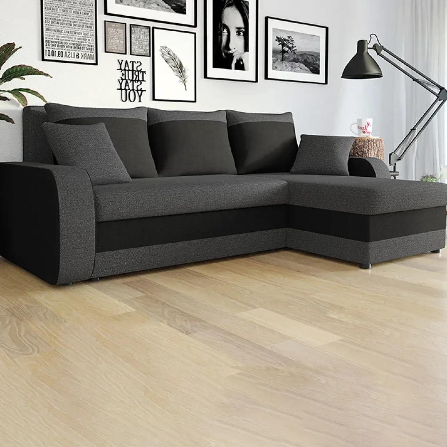 Divano angolare letto 238x147cm 3 posti grigio scuro nero Flow