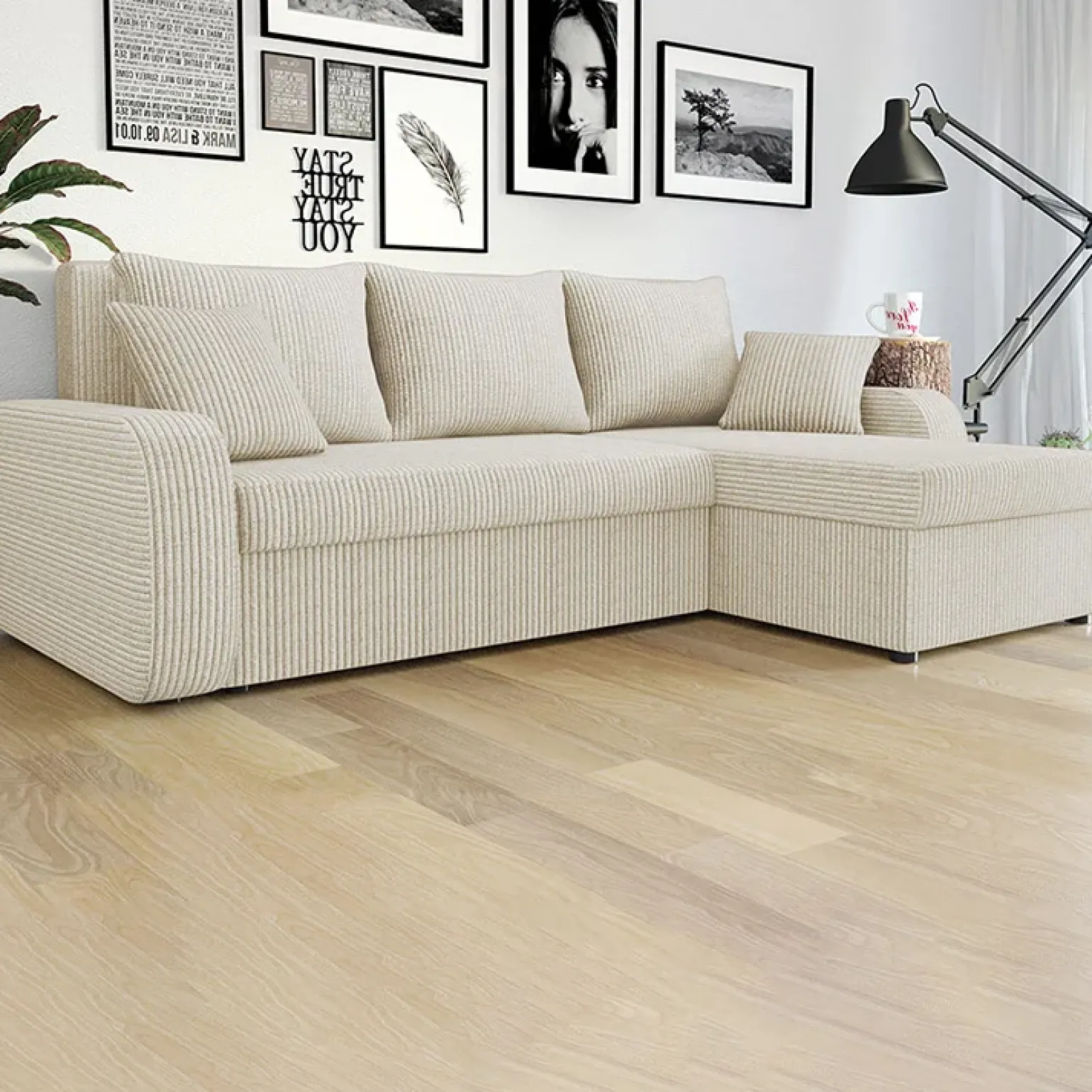 Divano angolare letto 238x147cm 3 posti velluto a coste beige Flow