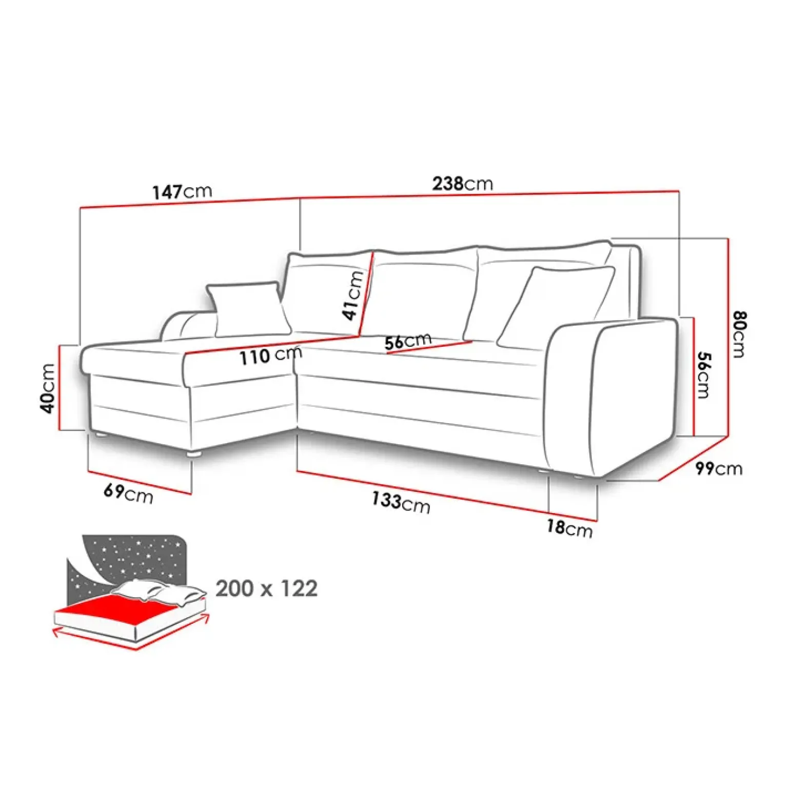 Divano angolare letto 238x147cm 3 posti velluto a coste beige Flow