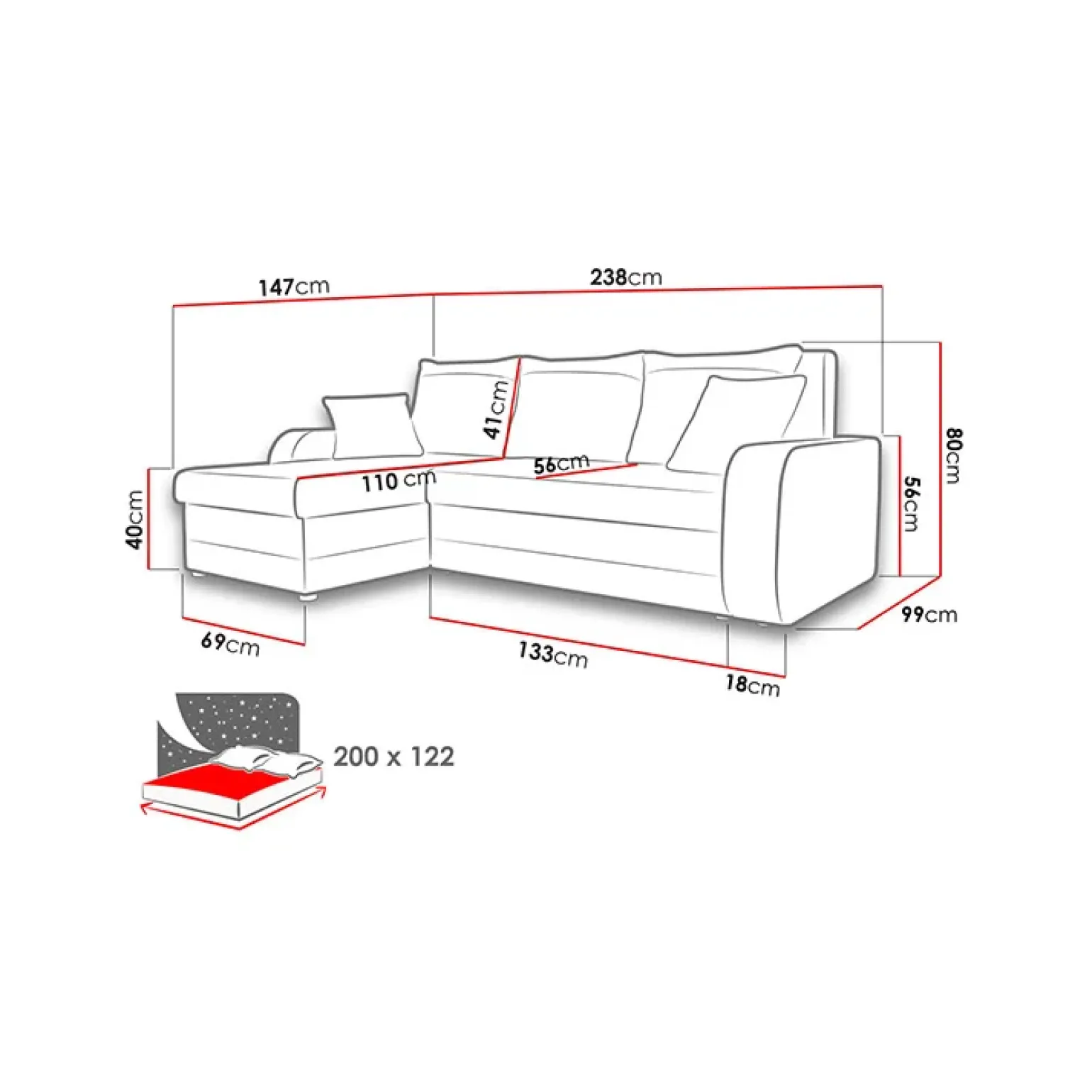 Divano angolare letto 238x147cm 3 posti grigio nero Flow