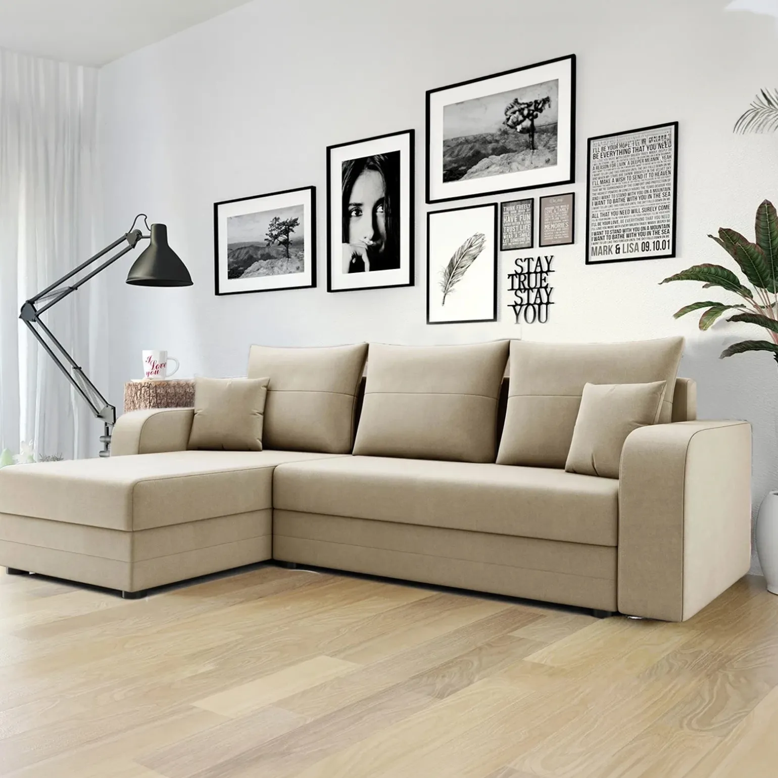 Divano angolare letto 237x139cm 3 posti matrimoniale angolare beige Flow