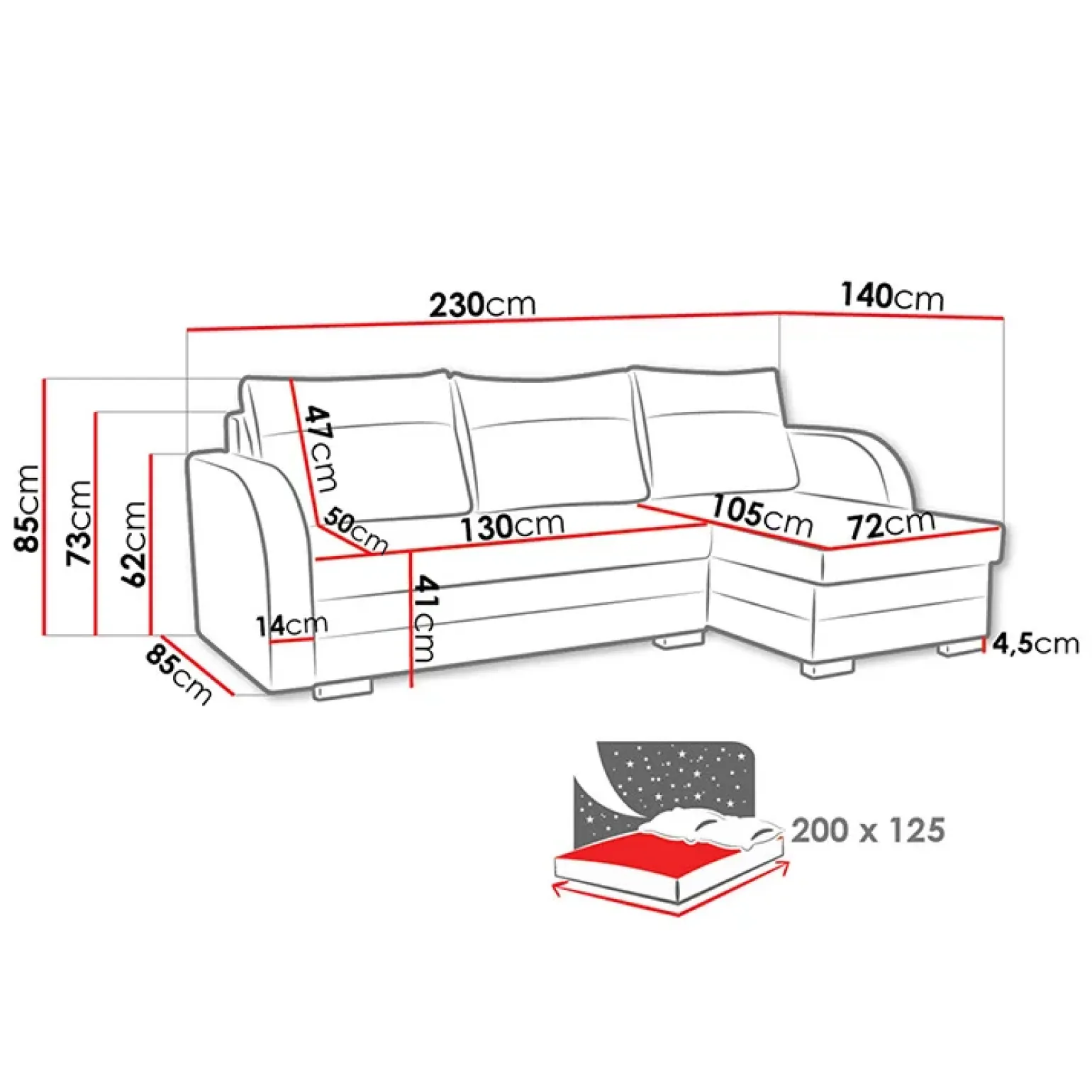 Divano angolare letto 230x140cm 3 posti grigio chiaro nero Metz