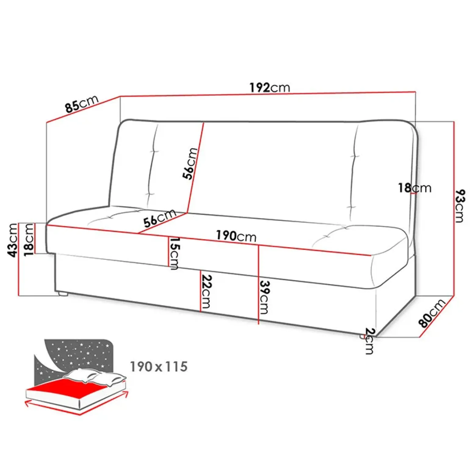 Divano letto 2 posti matrimoniale senza braccioli 192cm grigio beige Joby