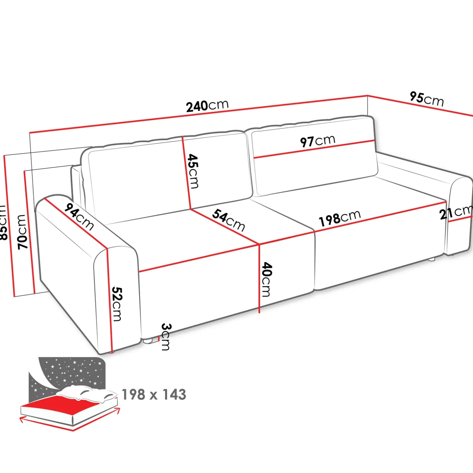 Divano letto 3 posti 240x95 cm con box contenitore a trama sottile beige Olivon