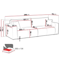 Divano letto 3 posti 248x90cm con contenitore in tessuto velo giallo senape Floty