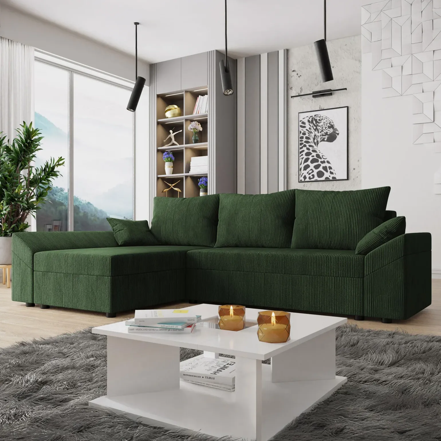 Divano letto 3 posti 240x145cm matrimoniale angolare velluto a coste verde Appia