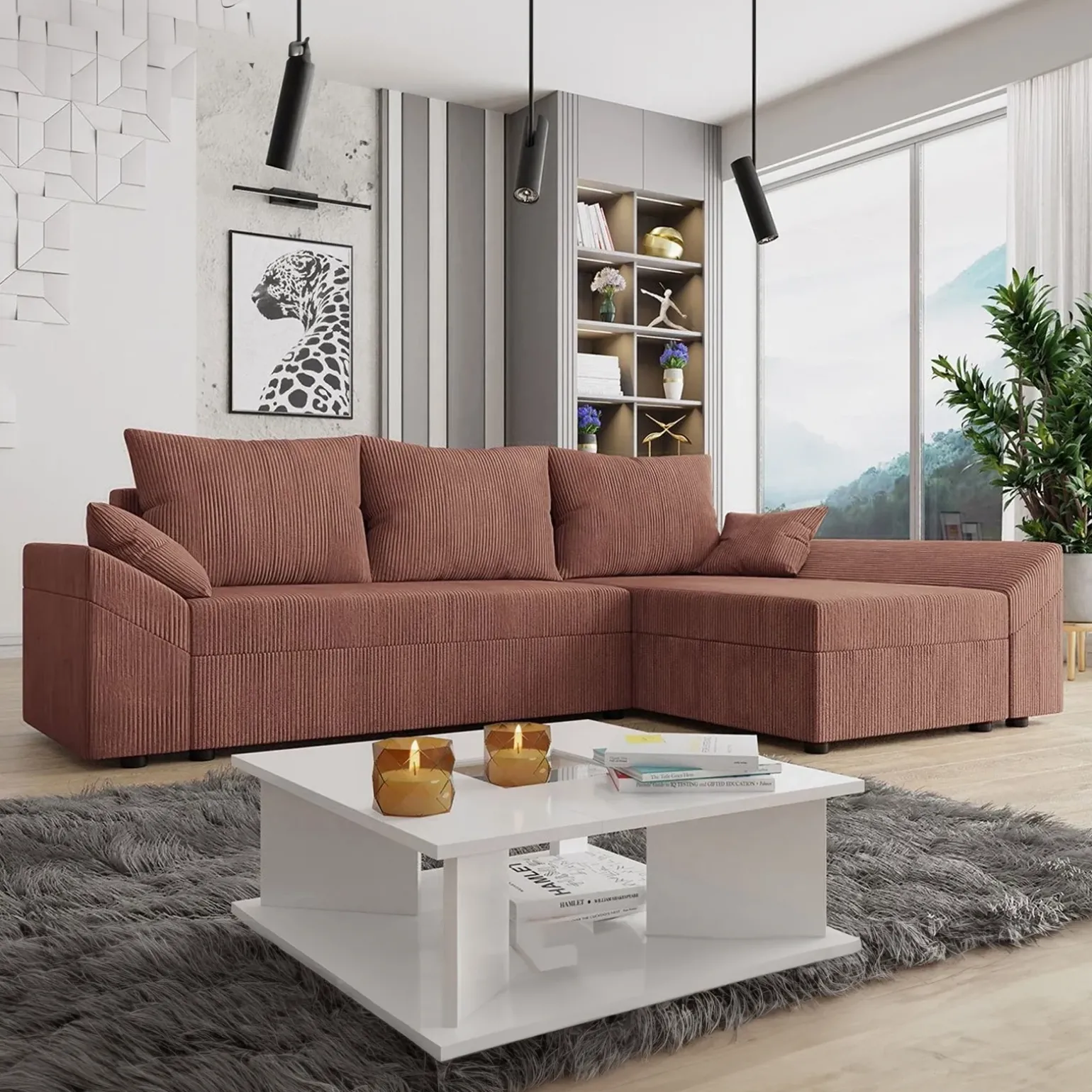 Divano letto 3 posti 240x145cm matrimoniale angolare velluto a coste rosa Appia