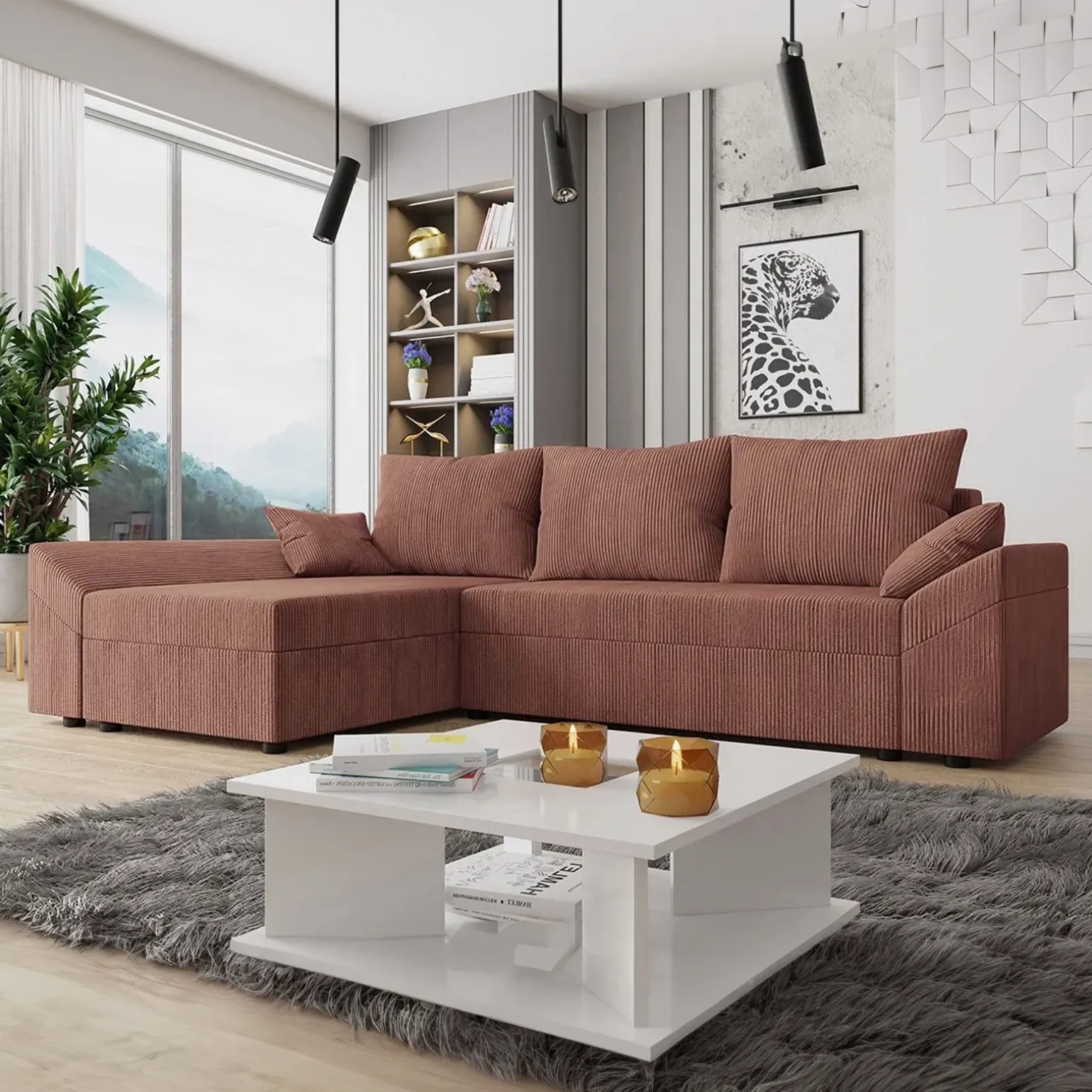 Divano letto 3 posti 240x145cm matrimoniale angolare velluto a coste rosa Appia
