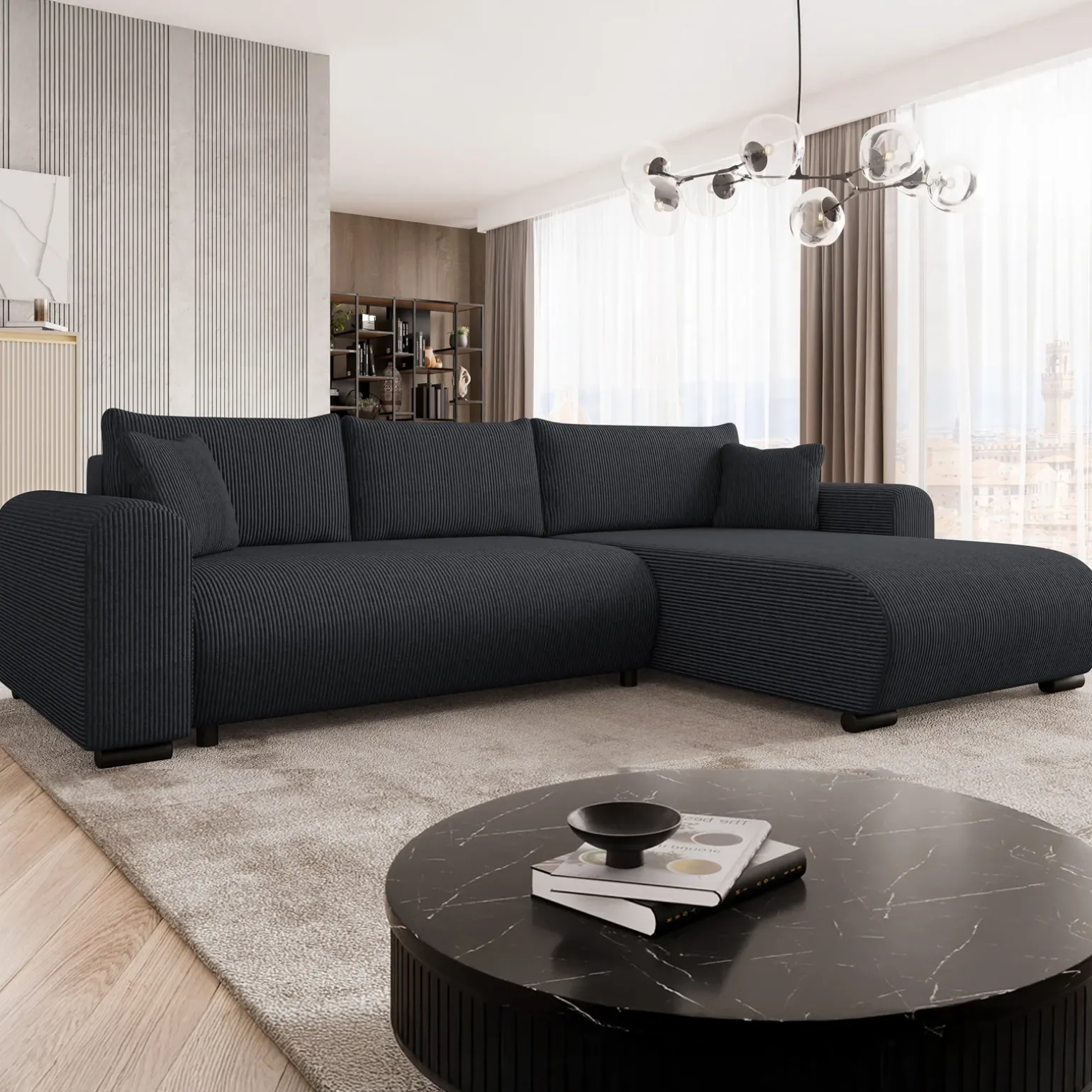 Divano letto angolare 4 posti 285x188cm con contenitore tessuto velluto a coste nero Soft
