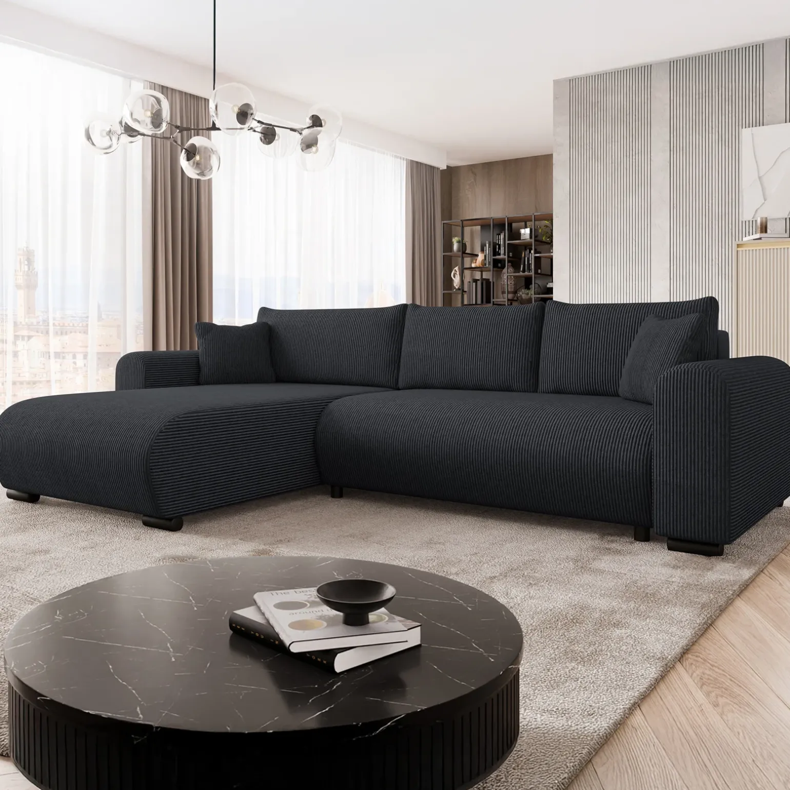 Divano letto angolare 4 posti 285x188cm con contenitore tessuto velluto a coste nero Soft