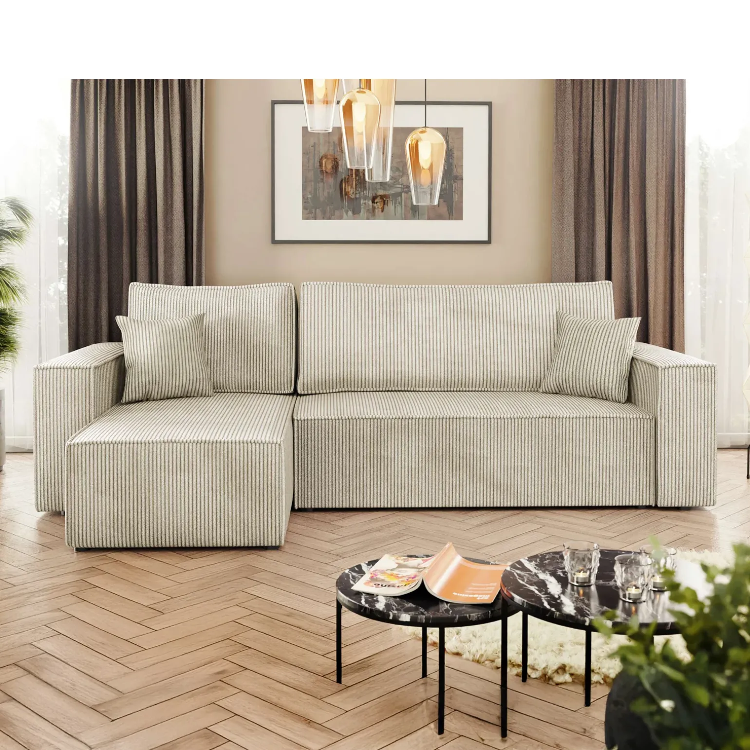 Divano letto angolare 3 posti 244x145cm con box contenitore velluto a coste beige Ploffy