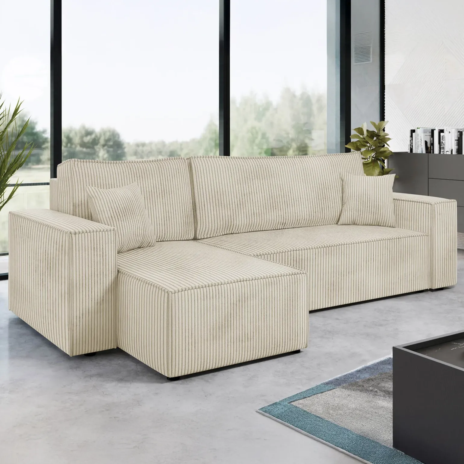 Divano letto angolare 3 posti 244x145cm con box contenitore velluto a coste beige Ploffy