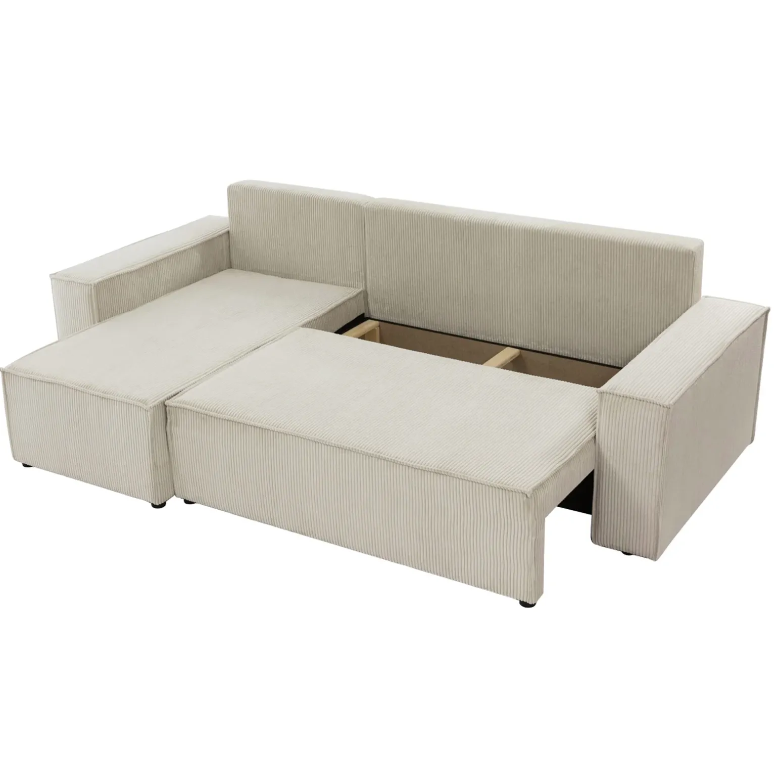 Divano letto angolare 3 posti 244x145cm con box contenitore velluto a coste beige Ploffy