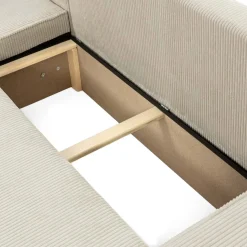 Divano letto angolare 3 posti 244x145cm con box contenitore velluto a coste beige Ploffy