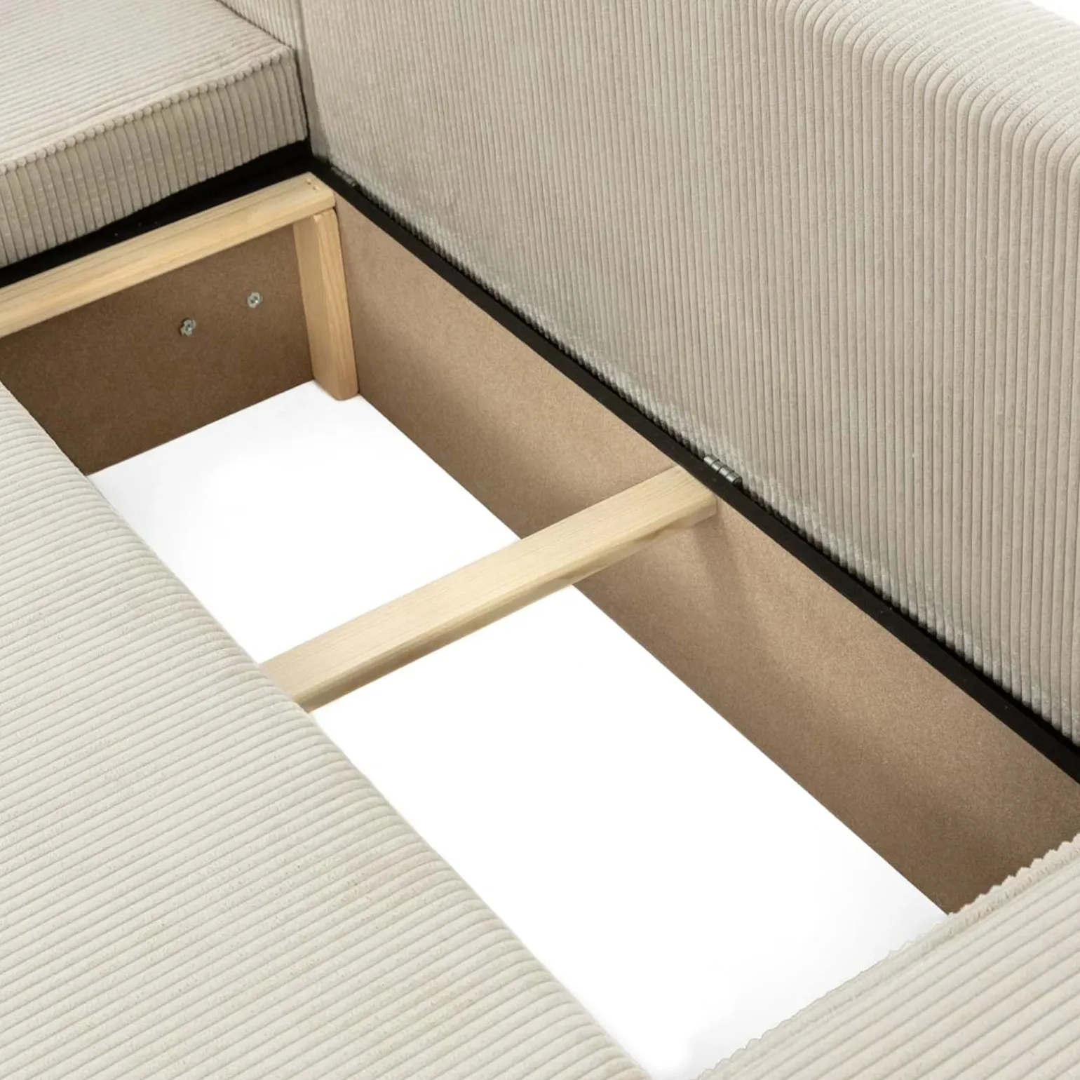 Divano letto angolare 3 posti 244x145cm con box contenitore velluto a coste beige Ploffy