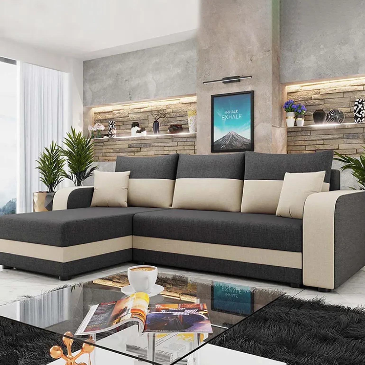 Divano letto angolare 3 posti 237x139cm reversibile grigio beige Ponza