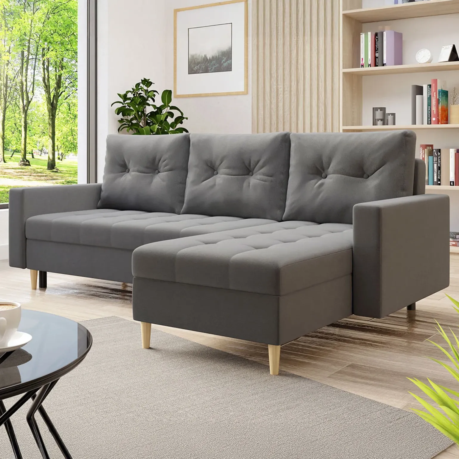 Divano letto angolare 3 posti 231x147cm con box contenitore grigio Venezia