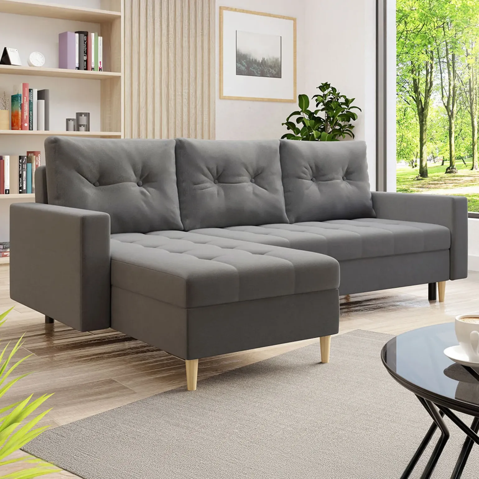 Divano letto angolare 3 posti 231x147cm con box contenitore grigio Venezia
