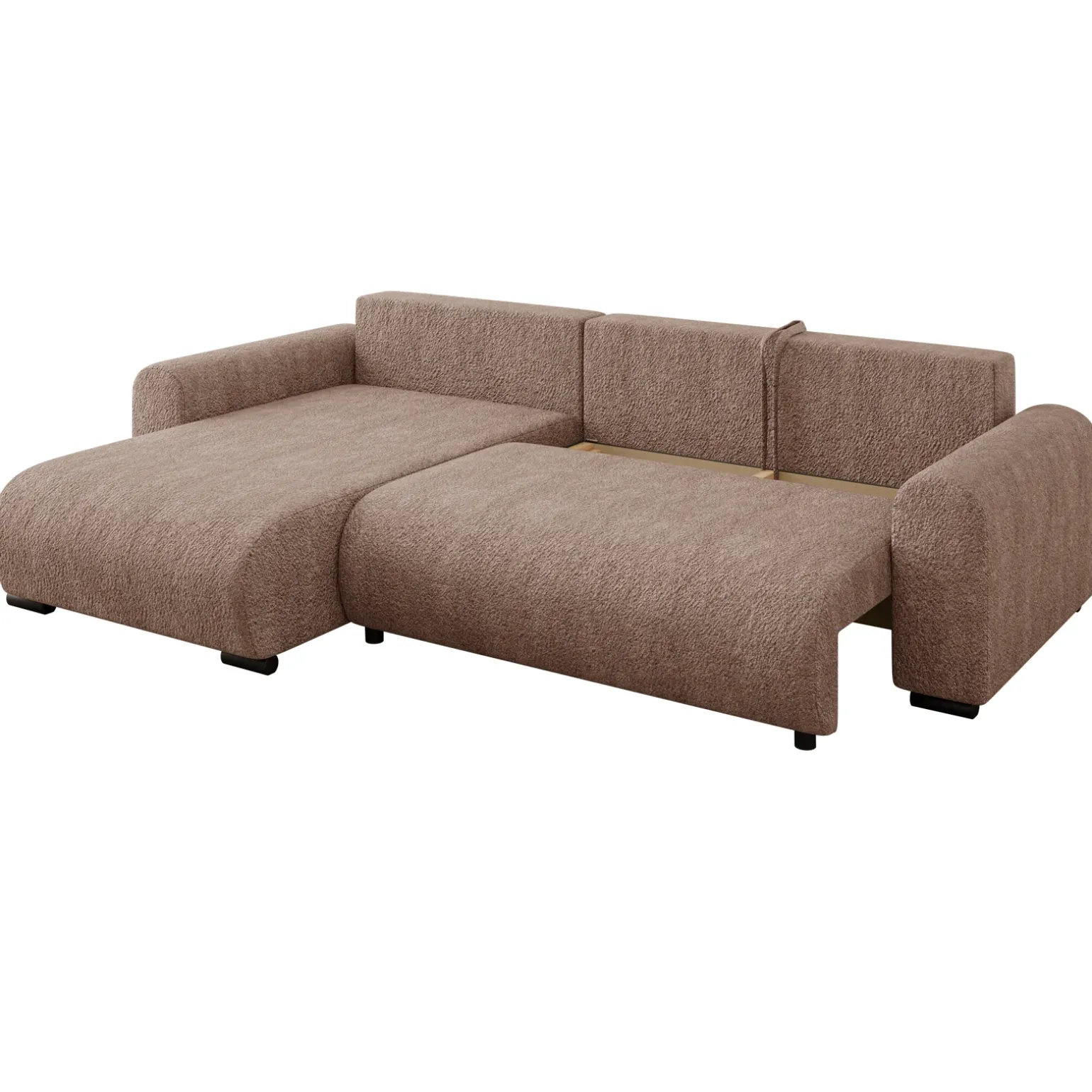 Divano letto angolare 4 posti 285x188cm con contenitore tessuto bouclé marrone chiaro Soft