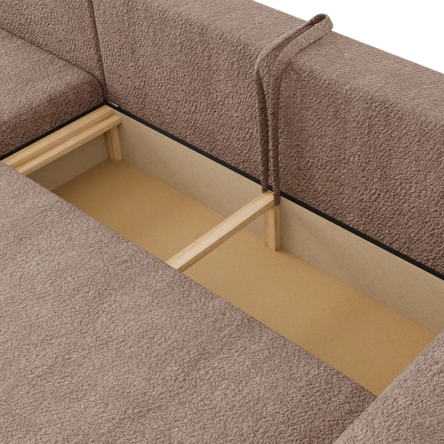 Divano letto angolare 4 posti 285x188cm con contenitore tessuto bouclé marrone chiaro Soft