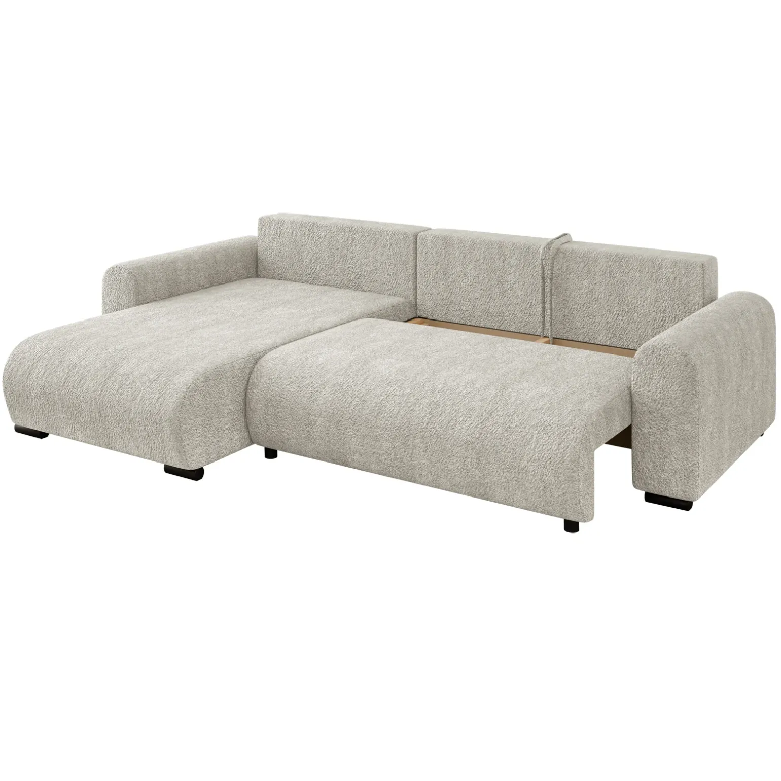 Divano letto angolare 4 posti 285x188cm con contenitore tessuto bouclé beige chiaro Soft