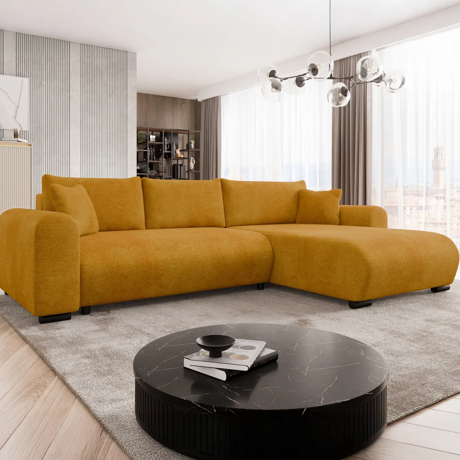 Divano letto angolare 4 posti 285x188cm con contenitore imbottito tessuto giallo senape Soft