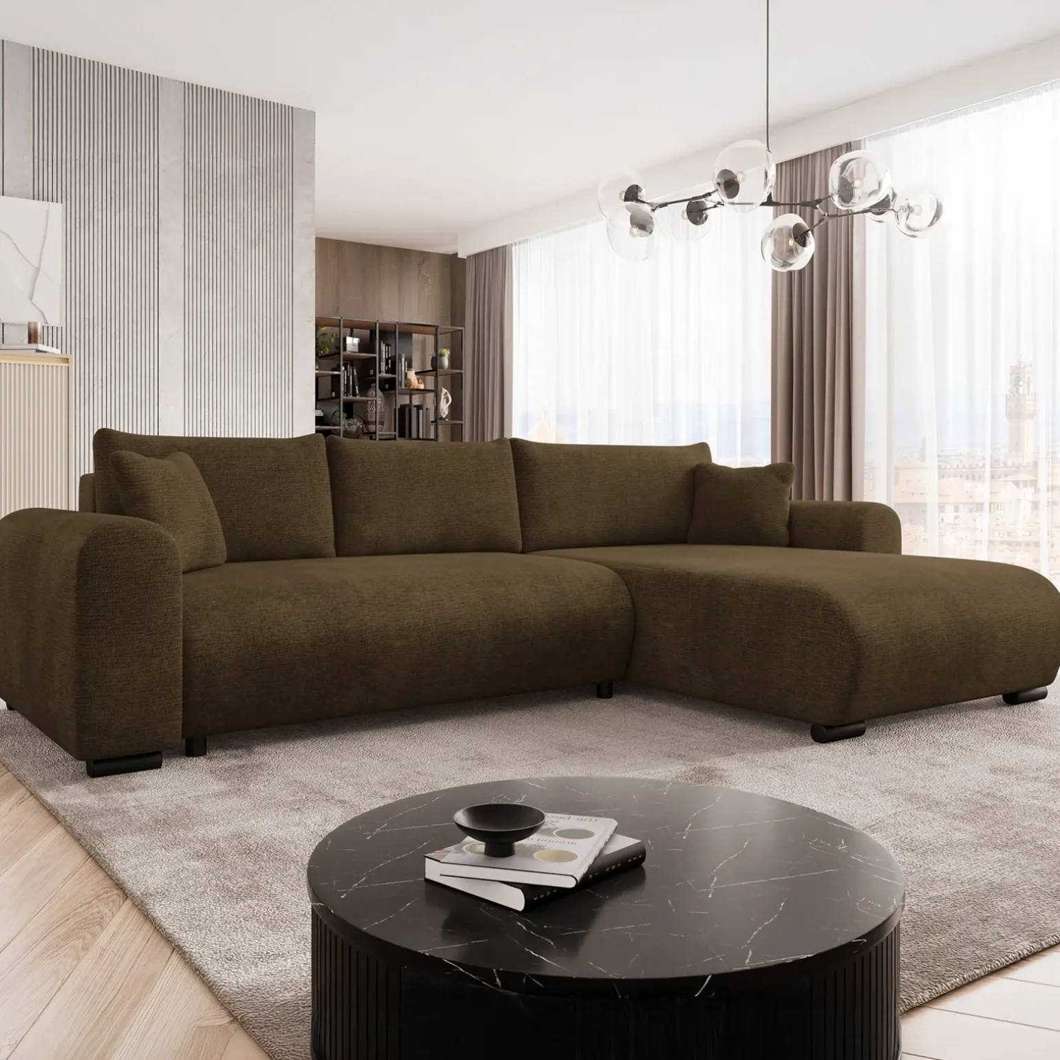 Divano letto angolare 4 posti 285x188cm con contenitore imbottito tessuto marrone Soft