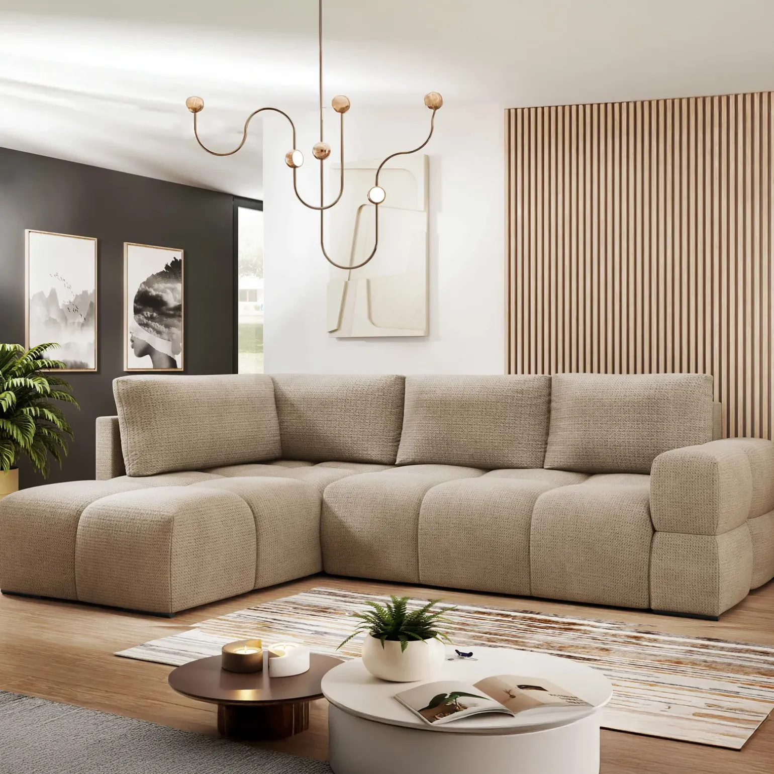 Divano letto angolare 3 posti 267x185cm box contenitore beige sabbia Sottovoce