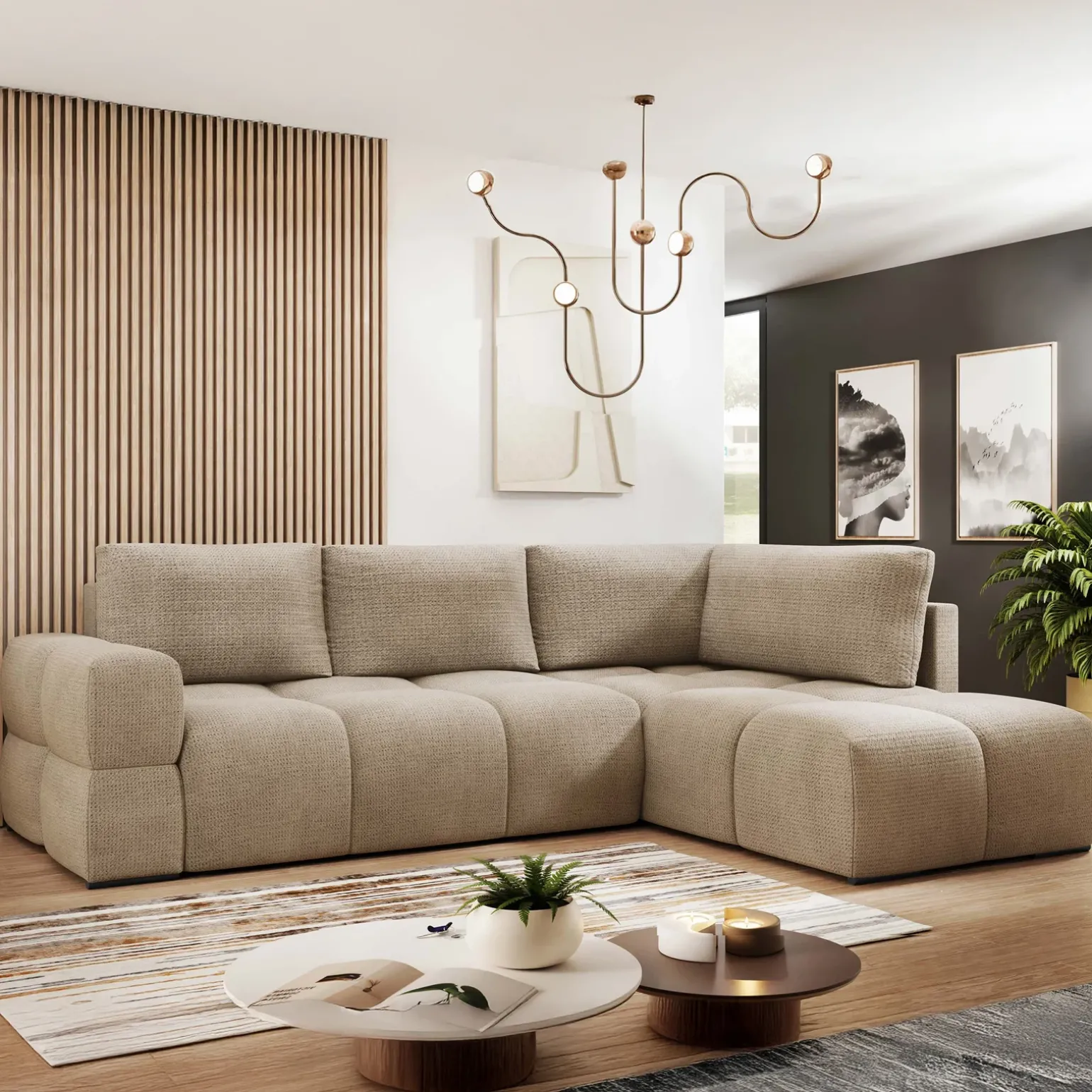 Divano letto angolare 3 posti 267x185cm box contenitore beige sabbia Sottovoce