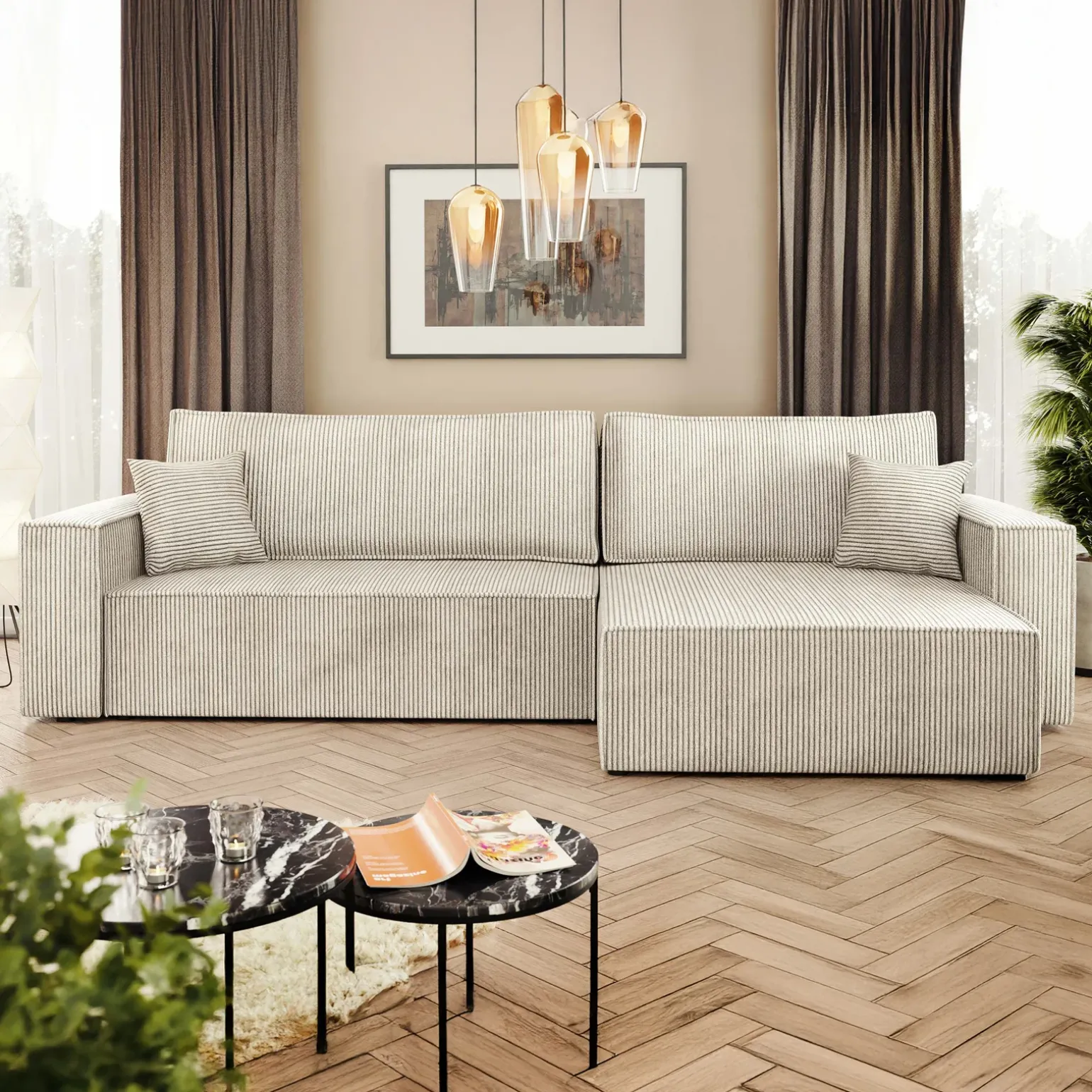 Divano letto angolare 4 posti 272x145cm con box contenitore velluto a coste beige Ploffy