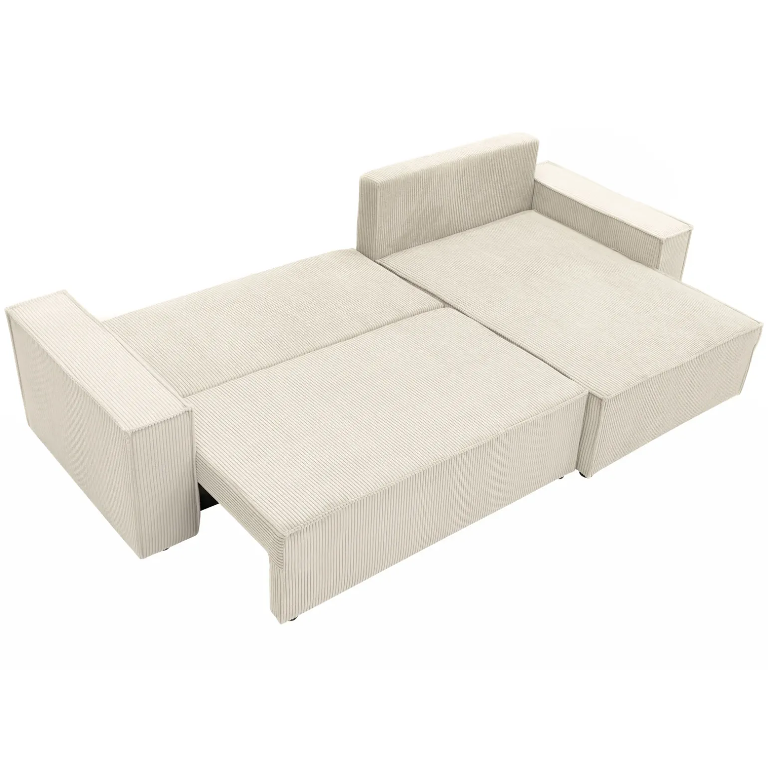 Divano letto angolare 4 posti 272x145cm con box contenitore velluto a coste beige Ploffy