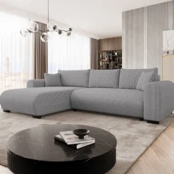 Divano letto angolare 4 posti 285x188cm con contenitore tessuto velluto a coste grigio Soft