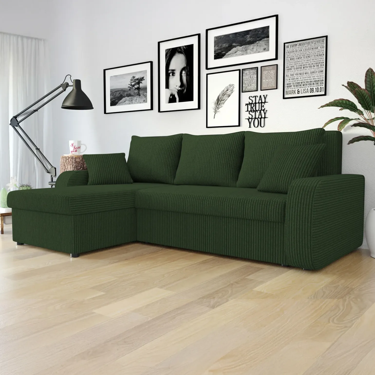 Divano letto angolare 3 posti 238x147cm con contenitore a coste verde Flow