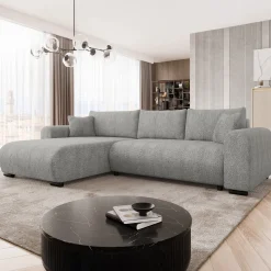 Divano letto angolare 4 posti 285x188cm con contenitore tessuto bouclé grigio chiaro Soft
